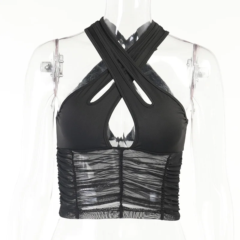 

Hollow Out Black Cross Halter Tank Top Goth Techwear Sleeveless Sexy Corset Tops Female Rave Club Outfits E Girl Vest