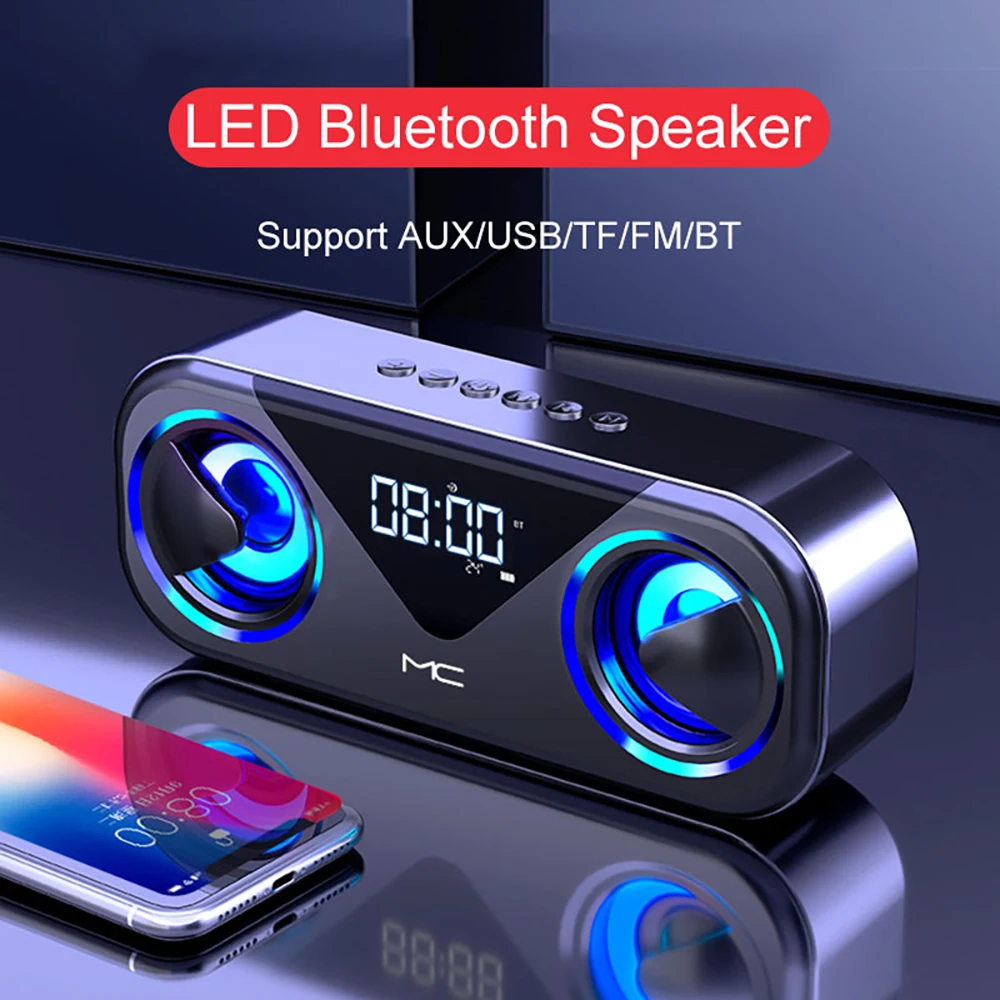 Беспроводной динамик 4D, стерео динамик, Bluetooth, с двумя рожками, плеер с TF-картой, USB-накопителем, AUX, будильником, дисплеем температуры, 2 шт. - изображение