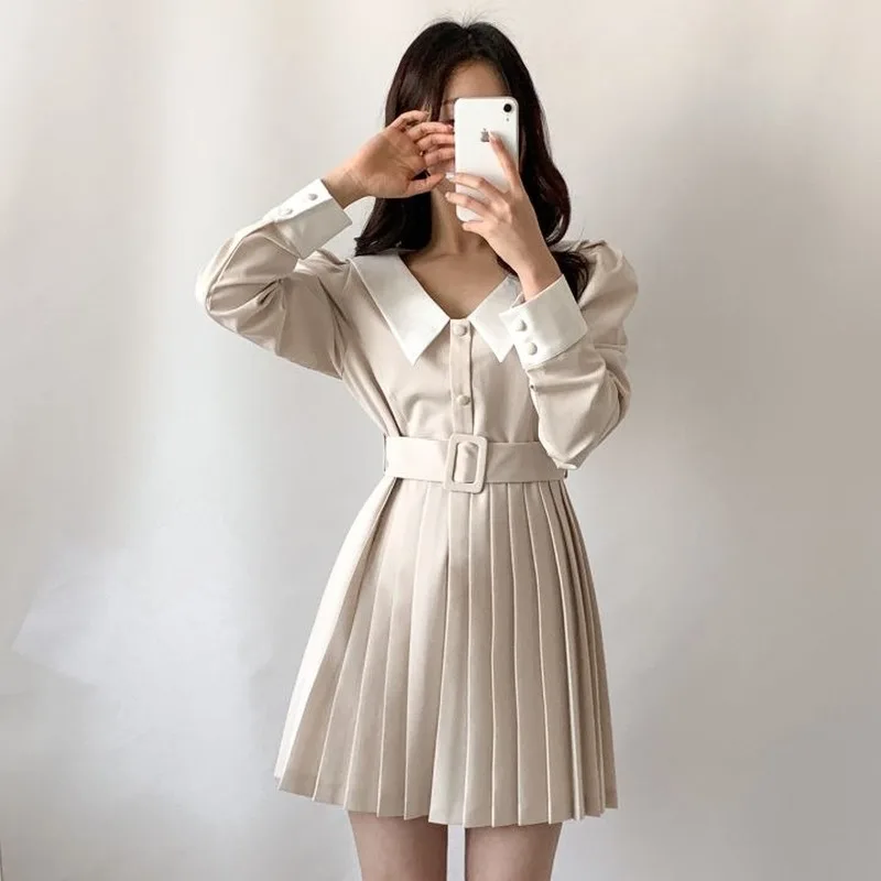 

ZAWAHIKI Pleated Dress Spring Korean Fashion Slim High-Waist Long-Sleeve Dresses Women Elegant Clothing Vestido Feminino