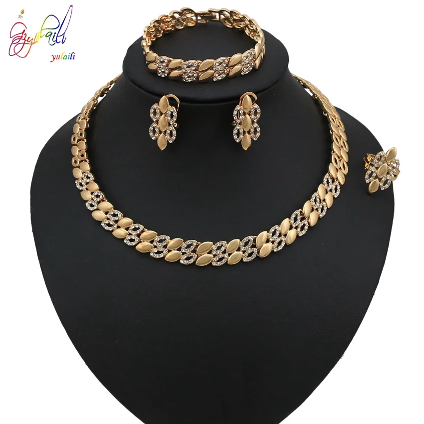 

Yulaili Fashion Leaf Shape Crystal Necklaces Earrings Bracelet Ring African Jewelry Sets Bridal Wedding Jewelery Set Wholesale