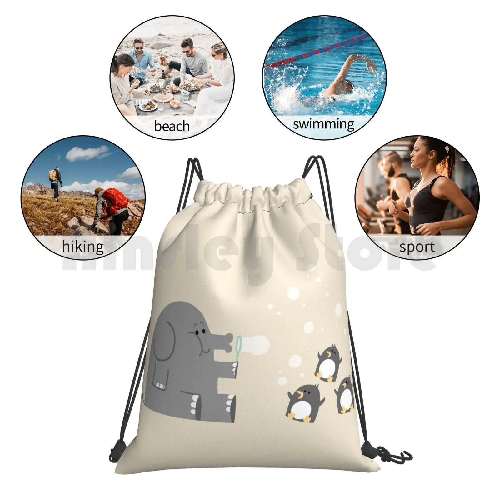 

Elephants & Penguins Love Bubbles. Backpack Drawstring Bag Riding Climbing Gym Bag Elephant Penguins Penguin Bubbles Soap