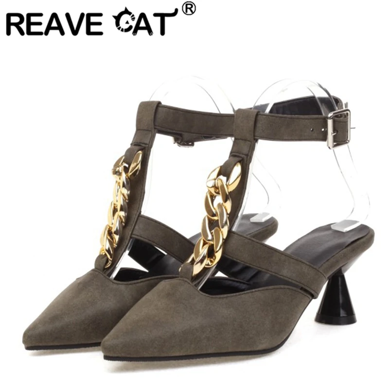 

REAVE CAT Pointed Toe Cone Heels Buckle Strap Chains For Womens Solid Color Plus Size 32-48 Beige Black Blue Party Spring A4597