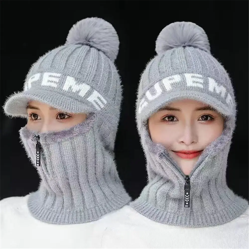 

Women Outdoor Siamese Scarf Collar Winter Warm Pompoms Hat Hat Scarf Set Wool Knitted Hat Beanies Caps