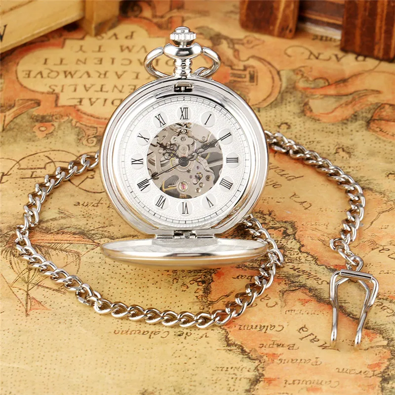

Antique Silver Pocket Watch Smooth Double Open Hunter Unisex Hand-winding Mechanical Pendant Watches Neckalce Chain reloj Gift
