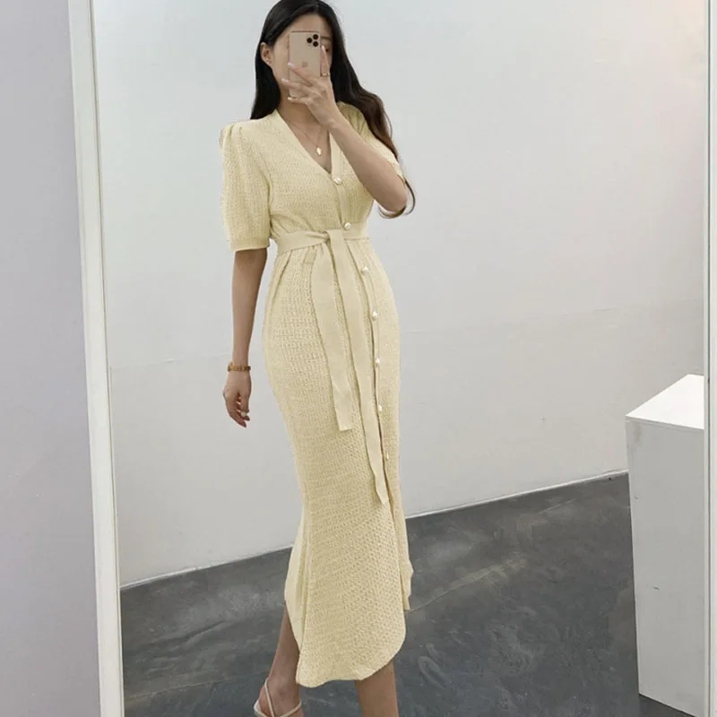 

2021 Spring Summer Chic V-Neck Lace Up Female Knitted Bodycon Dress Elegant Solid Color Single-Breasted Women Sweater Vestidos