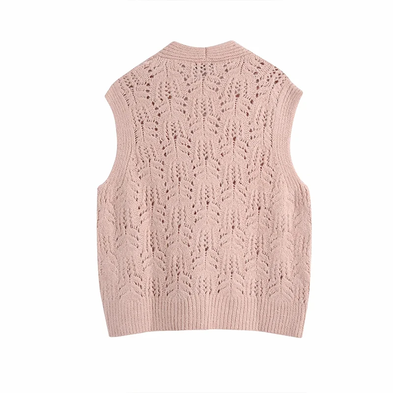 

Pink Vest Knitted Sweaters Women's Cardigan Knit Jackets Mujer Coats Femme Sleeveless Solid Chic Knitwear Hollow Out Jumpers Za