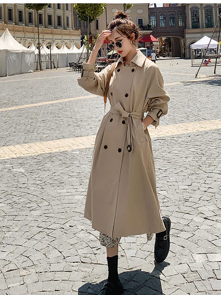 

Цвет хаки, ветровка женское осеннее 2021 Новое французское универсальное повседневное пальто средней длины в британском стиле