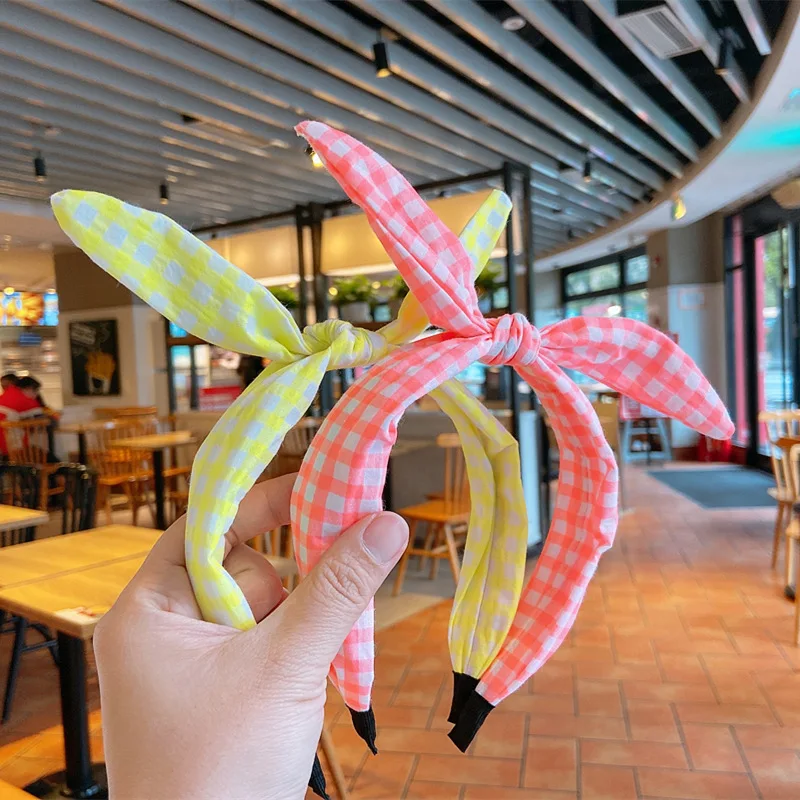 

Neon color children summer ear's plaid hairbands girl's headbands kids headwear hair accessories headwrap