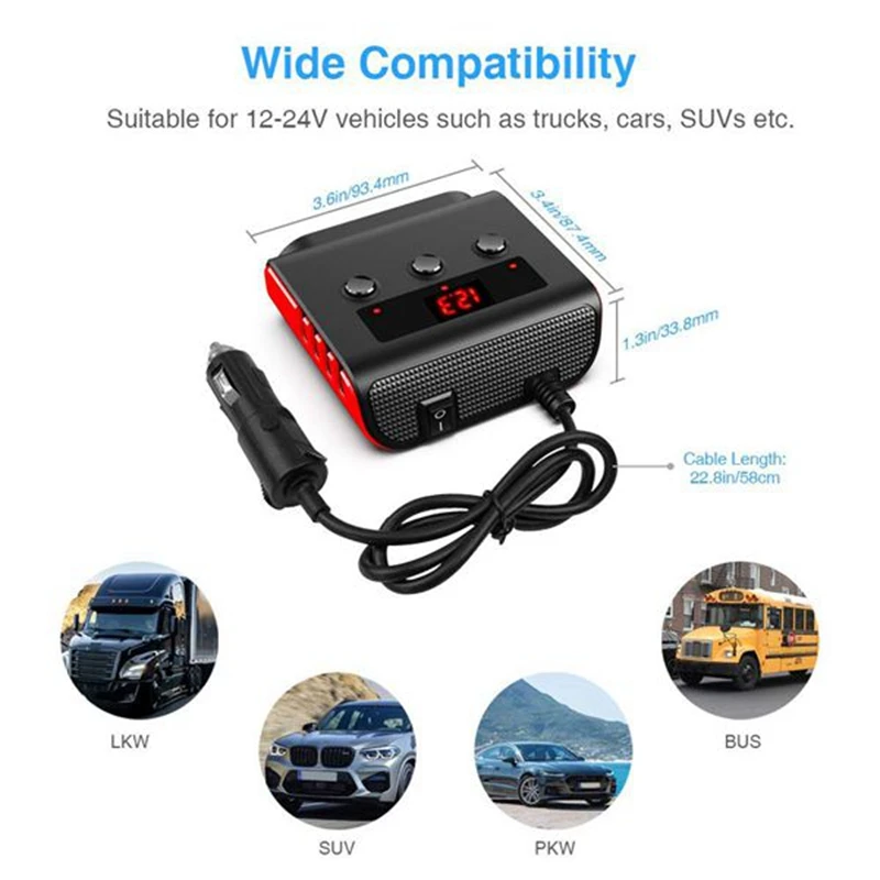 

12V/24V Car-Cigarette Lighter Splitter Adapter 100W Car Charger with 4 USB Ports and 3 Sockets for GPS Dash Cam iPhone