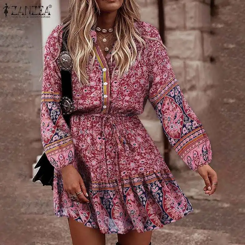

Women Bohemian Holiday Sundress ZANZEA 2021 Spring Floral Printed Mini Dress Fashion Long Sleeve Beach Party Vestidos Robe Femme