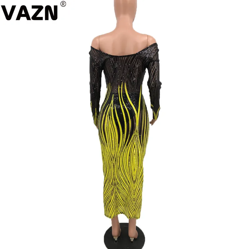 VAZN Autumn Open See Through Heavy Industry Sequined Sexy Club Fashion Slash Neck Full Sleeve High Waist Women Thin Maxi Dress