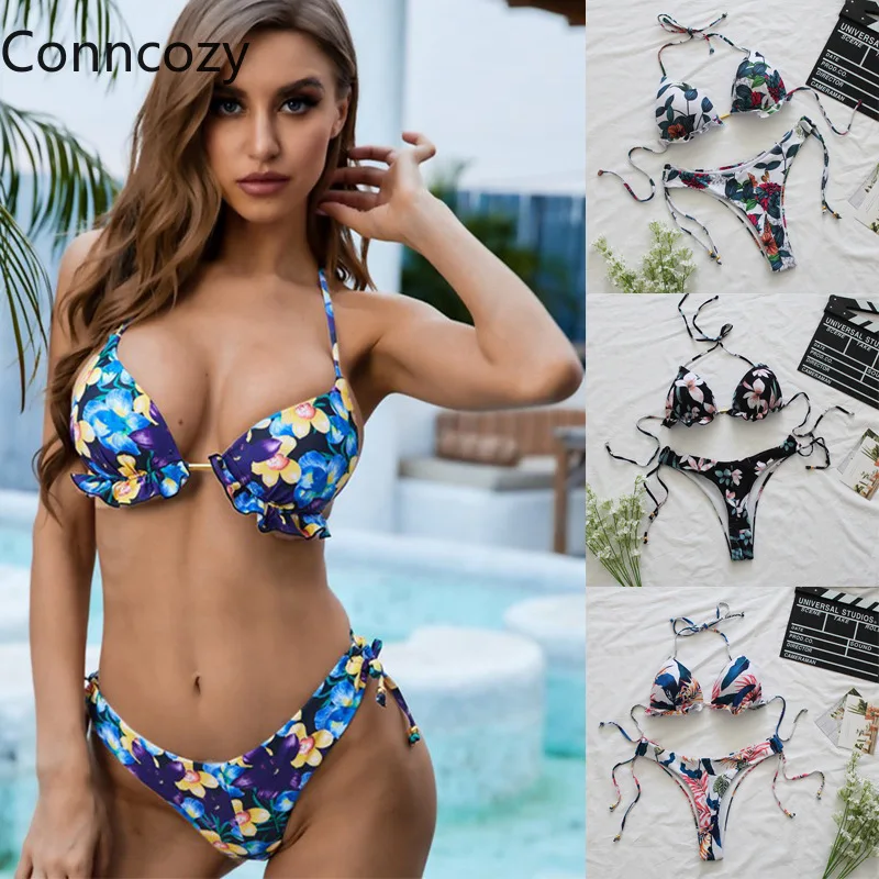 

Купальник бикини раздельный купальник с принтом листьев комплект бразильского бикини пуш-ап Женский комплект 2 шт. купальники купальный ко...