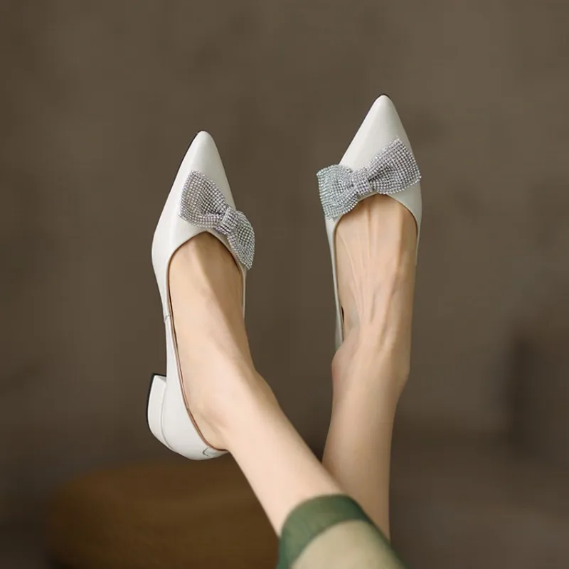 

LeShion Of Chanmeb Genuine Cow Leather Pumps for Women Block Medium Heels Sparkly Rhinestone Crystal Bow-Knot Shoes Ladies 34-42