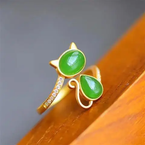 

Hetian Jade Green Jade S925 Sterling Silver Ring Ancient Gold Kitten Ring Exquisite Exquisite Ornament for Women