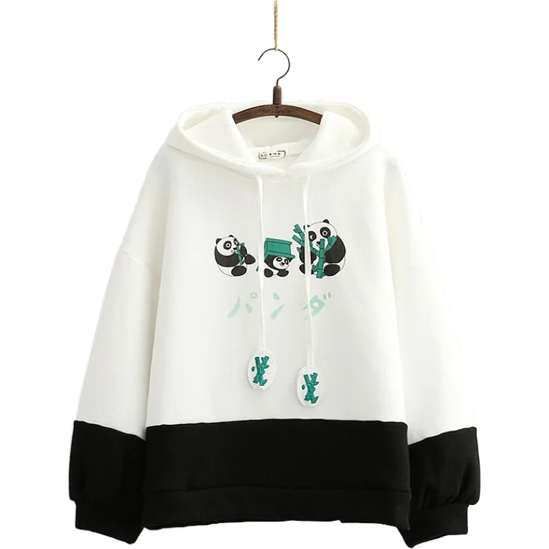 New Arrival Women Cute Panda Print Plus Velvet Warm Hooded Patchwork Sweatshirts Winter Casual Hoodies Kawaii Pullover 2010717