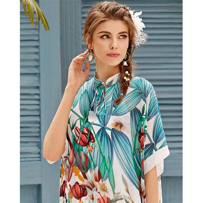 

Bohemia Women Printed Long Dress Summer Loose Short Sleeve Kaftan Ethnic Arabic Abaya Muslim Stand Collar Maxi Robe Gown Islamic