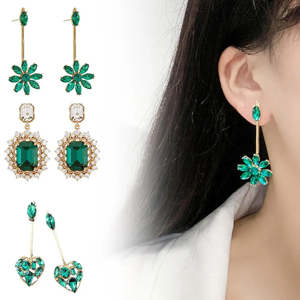 

Women Faux Emerald Heart Flower Dangle Drop Long Ear Stud Earrings Jewelry Gift
