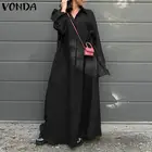 Длинное платье макси VONDA 2021, повседневные однотонные плиссированные платья с длинным рукавом, с отложным воротником, в богемном стиле, для вечеринок
