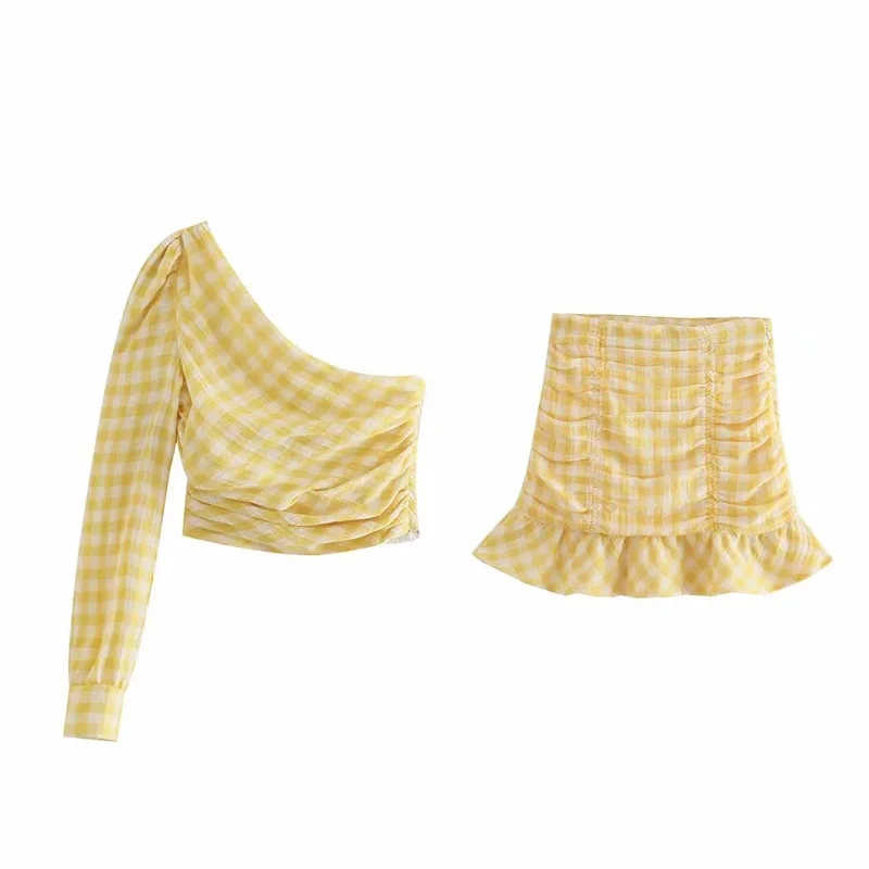 

NWOMN Tops Women Vintage Plaid Asymmetrical Long Sleeve Woman Clothing Blouses Fashion Ruched Office Ladies Short Top Female