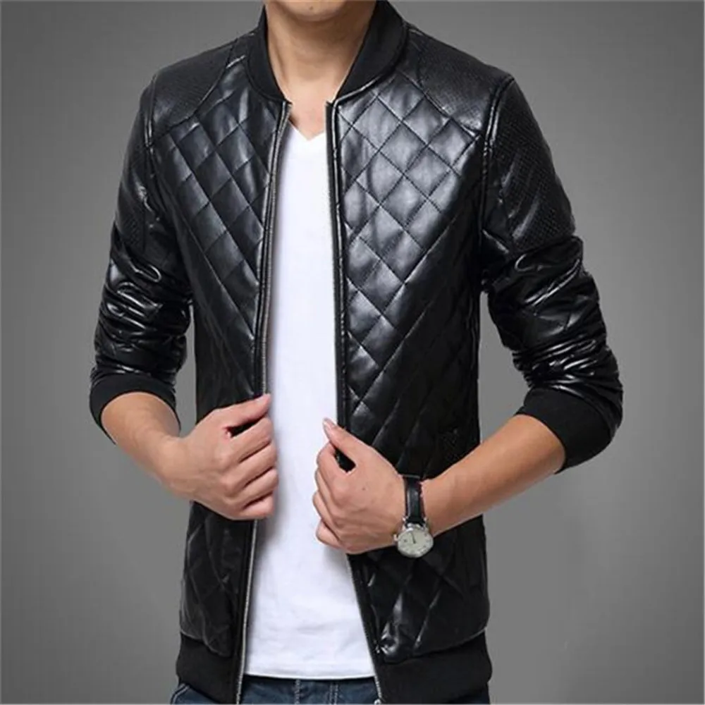 

Foreign Trade New Autumn Winter Clothing Men's Stand-Up Collar Leather Jacket Fashion Korean Style Check Slim Coats