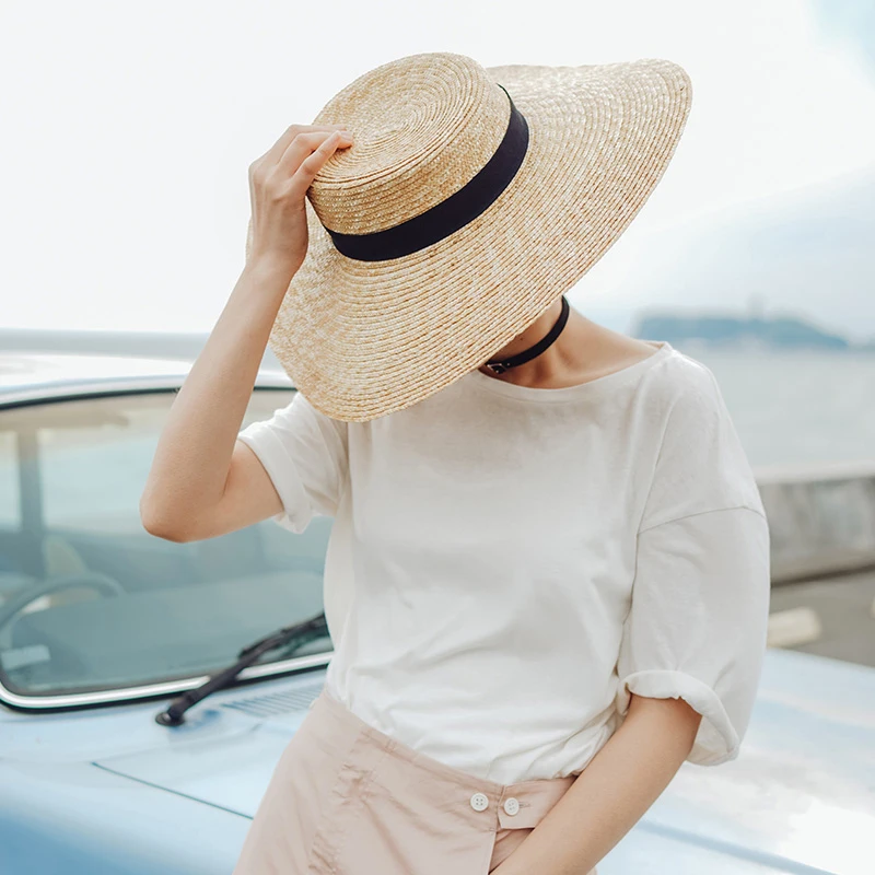 Летняя соломенная шляпа с большими полями женская черная Повседневная пляжная