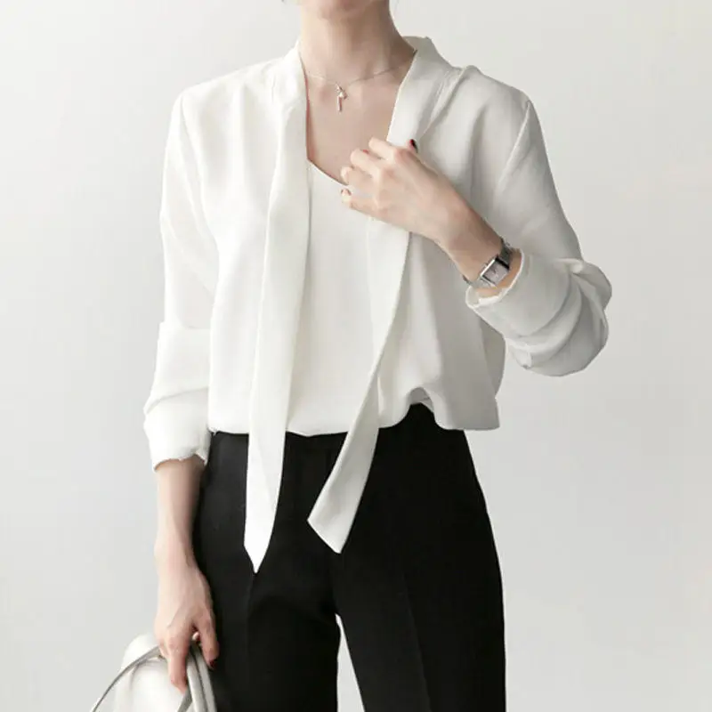 

White Chiffon Blouse Women Elegant Casual Long Sleeve Office Ladies Tops Solid Plus Size Spring Autumn Shirts Blusas XXL Q3564