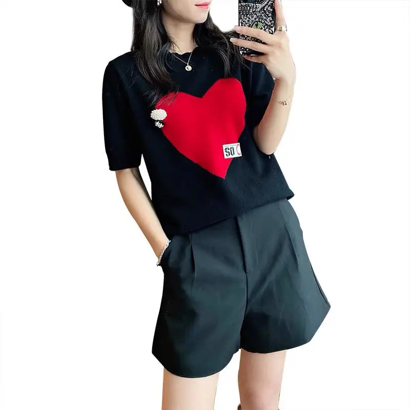 

Love black knitted T-shirt women's short sleeve loose round neck top with bottoming shirt 2021 new