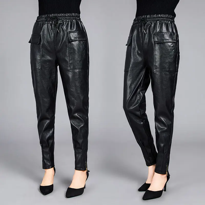

2022 весенние женские брюки из искусственной кожи, модные женские брюки с высокой талией, однотонные широкие брюки, женские повседневные брюк...