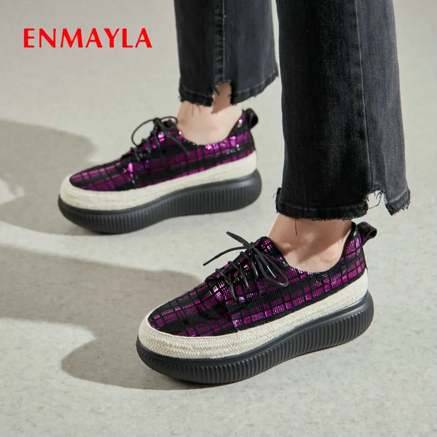 

ENMAYLA 2020 Pumps Casual Fashion Genuine Leather Lace-Up Round Toe High Heels Basic Wedges Luxury Women Shoes Size 34-42