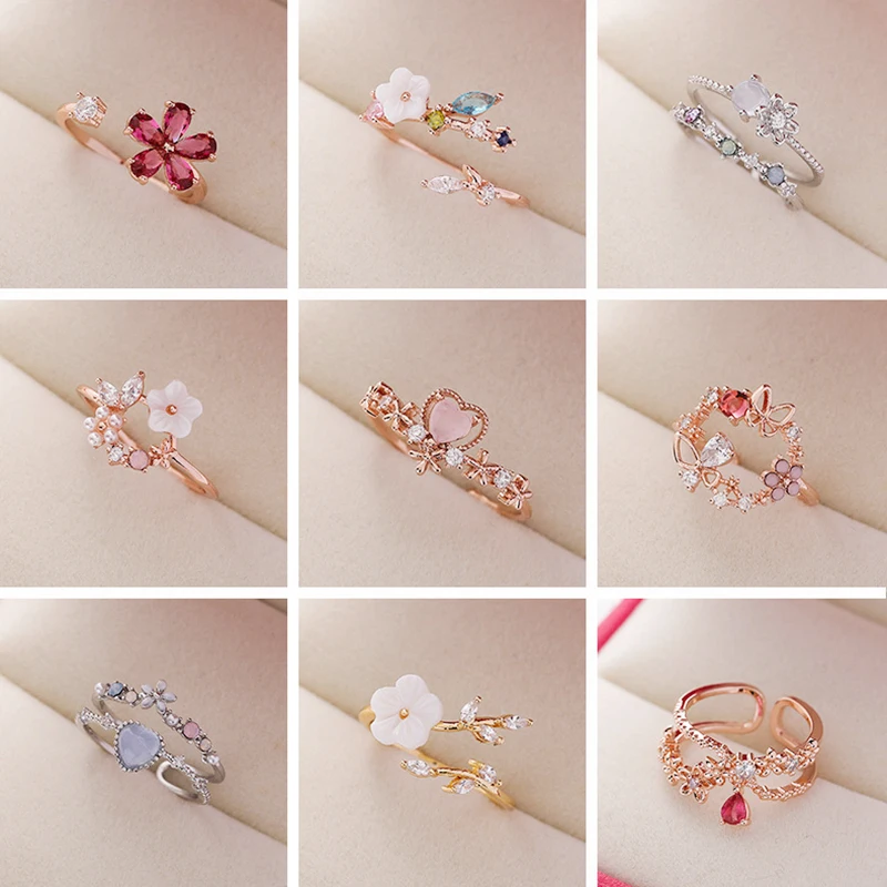 Женское кольцо с фианитом корейское открытое вечерние ЦО декором листья ракушки