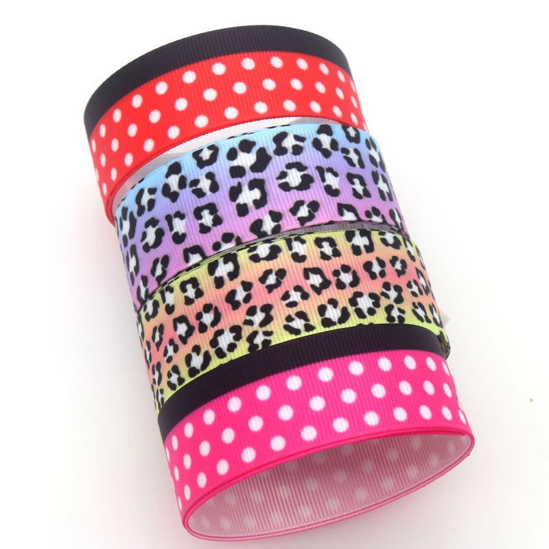 

DUWES 50yards Leopard Polka Dot Cartoon Printed Grosgrain Ribbon Accessories Material Headwear Decoration DIY Sewing Craft D1785