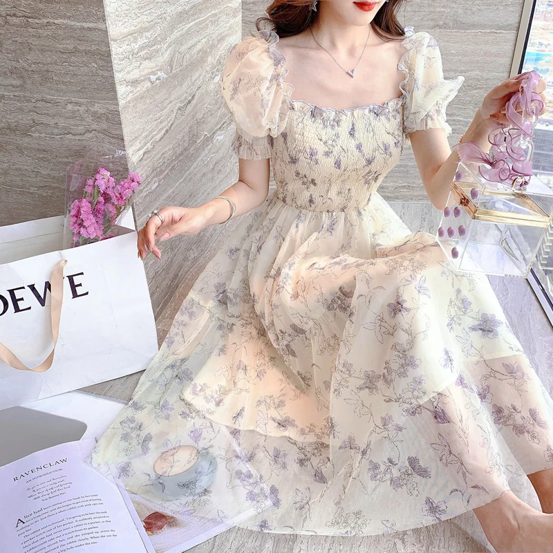 

Summer Chiffon Elegant Kawali Dress Women Floral Print Sweet Princess Casual Midi Dress Female Puff Sleeve Party Holiday Dress