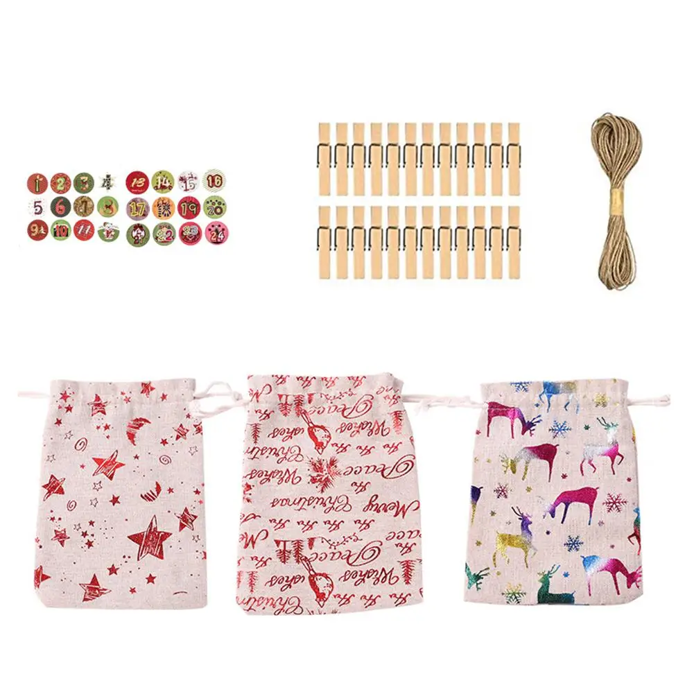 

24Pcs Hanging Christmas Advent Calendar Kids Diy Supplies Christmas Gift Set Candy Bag Cloth Bag Lovely Ornaments Decorations