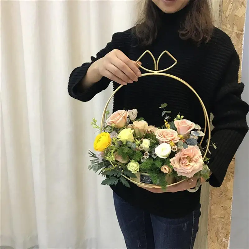 Cesta de flores de moda redonda port&aacute;til de hierro Simple para decoraci&oacute;n, regalos para el hogar, fiesta, 1 ud.-5