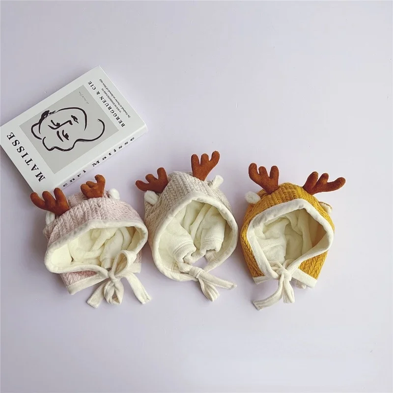 

Милая Детская вязаная шапка с внутренней подкладкой, бархатные однотонные теплые шапки, Детские флисовые наушники с оленьими рогами, модны...