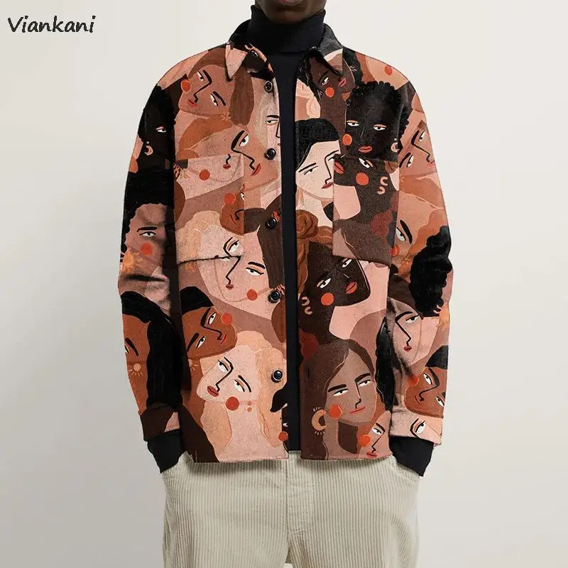 

Men Coats Autumn Fashion Printed Single-breasted Turn down Collar Shirt Jackets Oversized 2022 Vintage Casual Male Outwear Tops