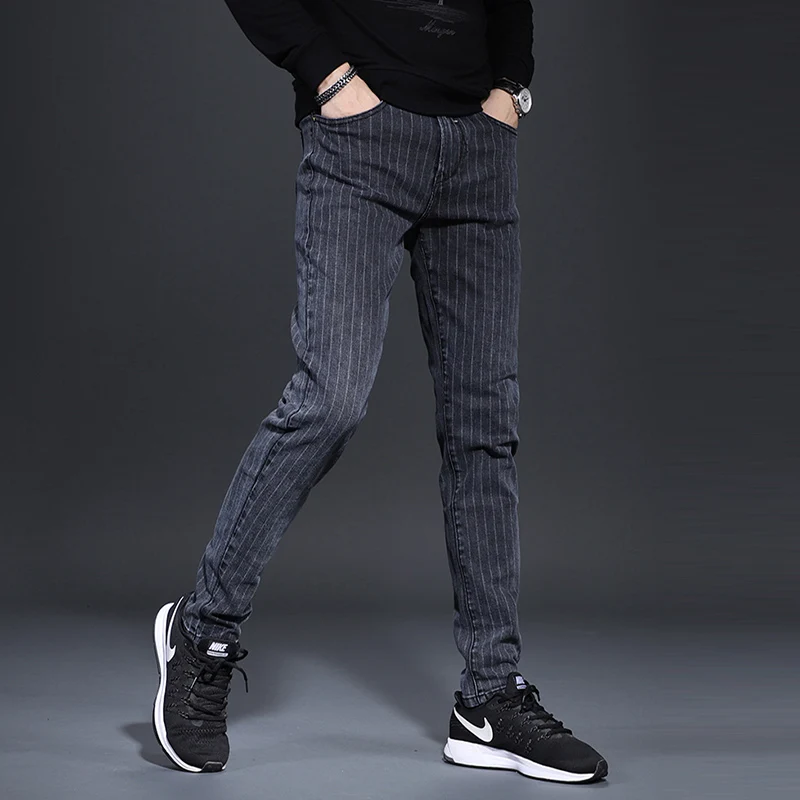 Men Striped Jeans Fashion Stretch Straight Fit Pants Autumn Winter Dark Gray Denim Trousers