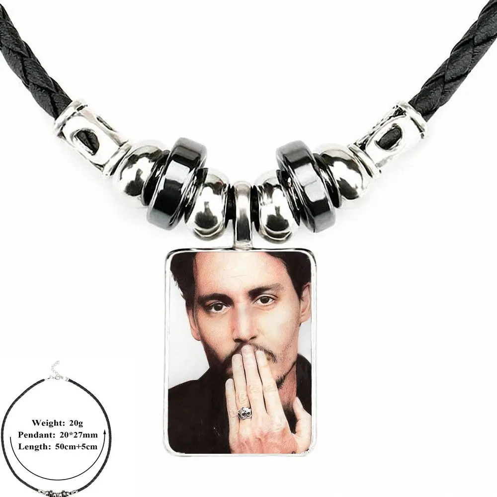 EJ Glaze For Women Kids Gift Jewelry Black Leather Bead Pendant Glass Cabochon Choker Necklace Actor Johnny Depp | Украшения и