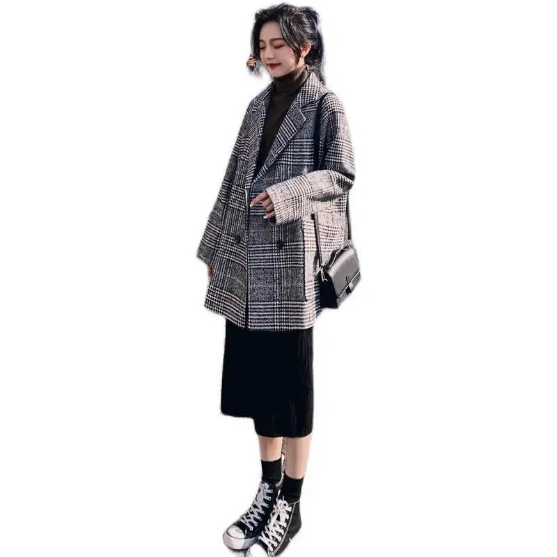 

new thick woolen coat female mid-length trend Woolen coat female small plaid suit 2020 autumn and winter