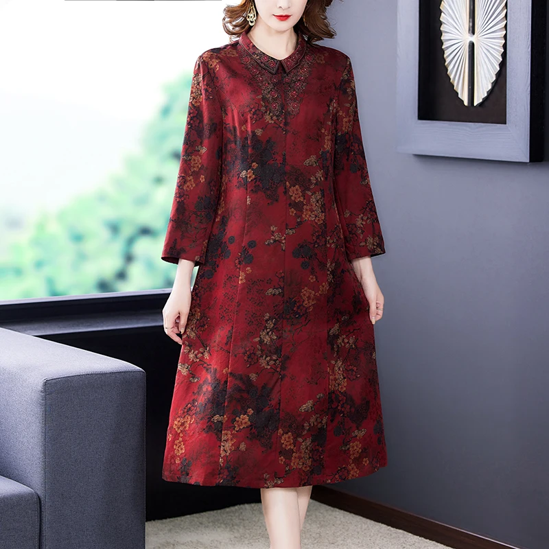 

Женское атласное платье средней длины, красное винтажное облегающее платье из натурального шелка с цветочной вышивкой в Корейском стиле, Осень-зима 2023