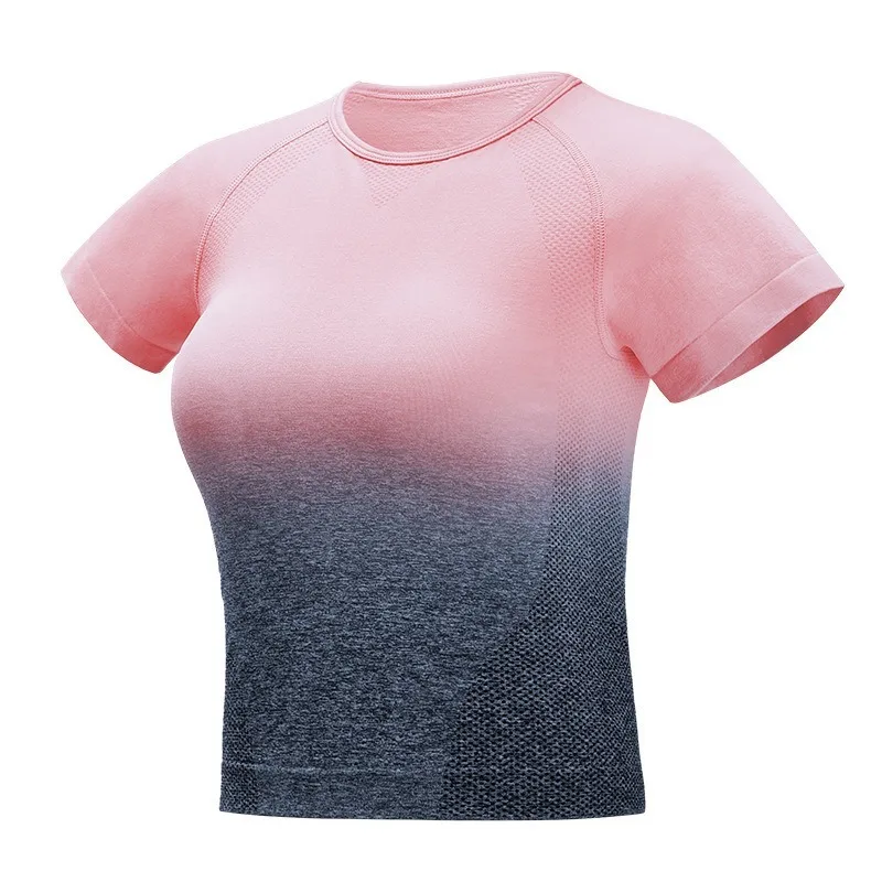

Seamless Gradient Top Yoga Clothes Women Gym Sports Fashion Short Sleeve T-shirt Body Shaping Clothes Breathable Workout Comfy