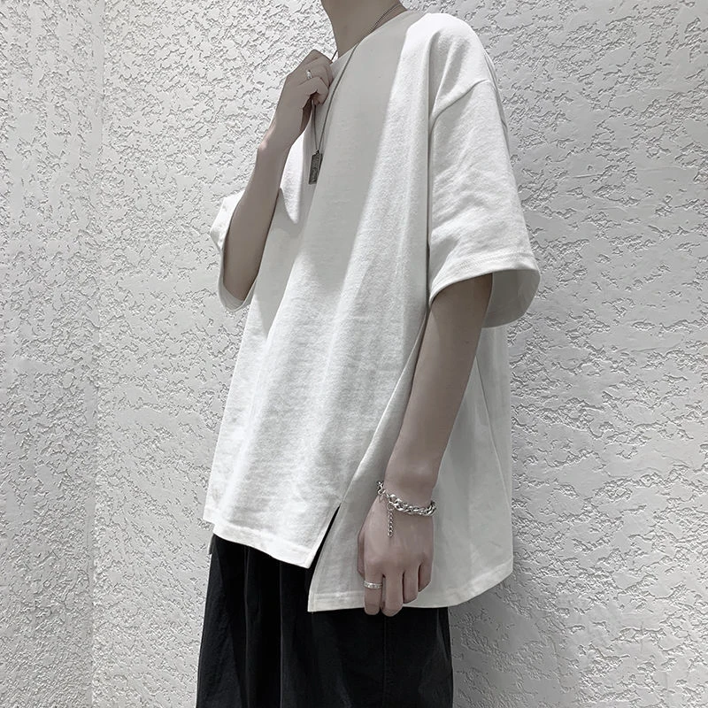 

Harajuku Short Sleeve Men Tshirts Summer Trend Branded Korean Style Loose Split Fork Tops Oversized Vintage Japanese Streetwear