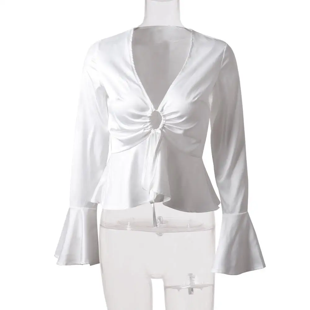 Женская шифоновая блузка сексуальный белый топ с рюшами и баской длинный рукав