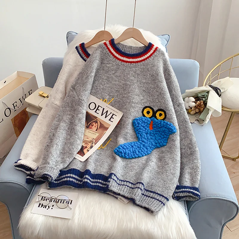 

EBAIHUI Woman Sweaters Cartoon Embroidery O-neck Knit Basic Pullovers Baggy Soft Lazy Style Female Knitwear Cute Fashion Jumper