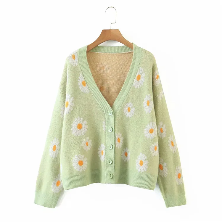 Kpytomoa Femme Fashion Print Soft Sweater Ladies Full Sleeve Floral Single Little Daisy V-Neck Pull Oversize Cardigan Streetwear |