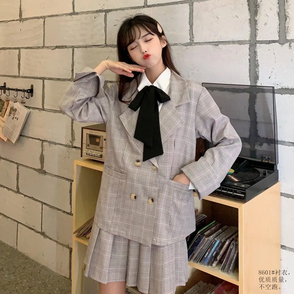 2020 Spring plaid suit double-breasted coat ride white shirt high waist pleated skirt fashion network red set female jk  women
