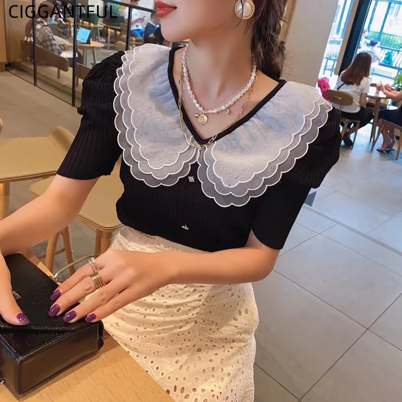 

Spring Korean New Mesh Stitching Doll Collar Short Knit Sweater Women's Slim Casual Pullover Blouse Summer Sweet Jumper Crop Top