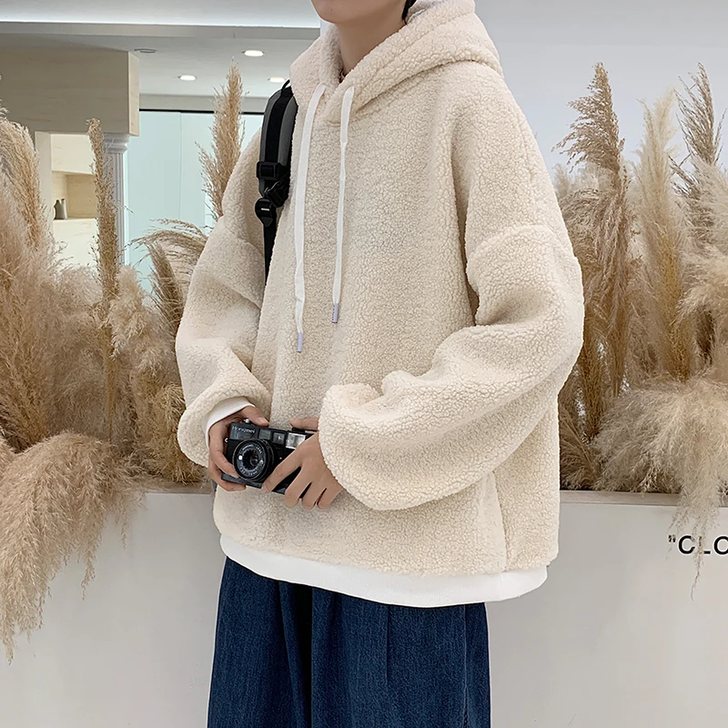 

HFYF 2021 winter new lamb velvet sweater couple hooded ins Hong Kong style loose plush top Men's sweater women jacket with hat