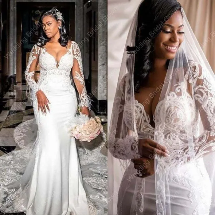 

New South African Arabic Mermaid Wedding Dresses V Neck Lace Appliques Bridal Gowns Long Sleeves Court Train