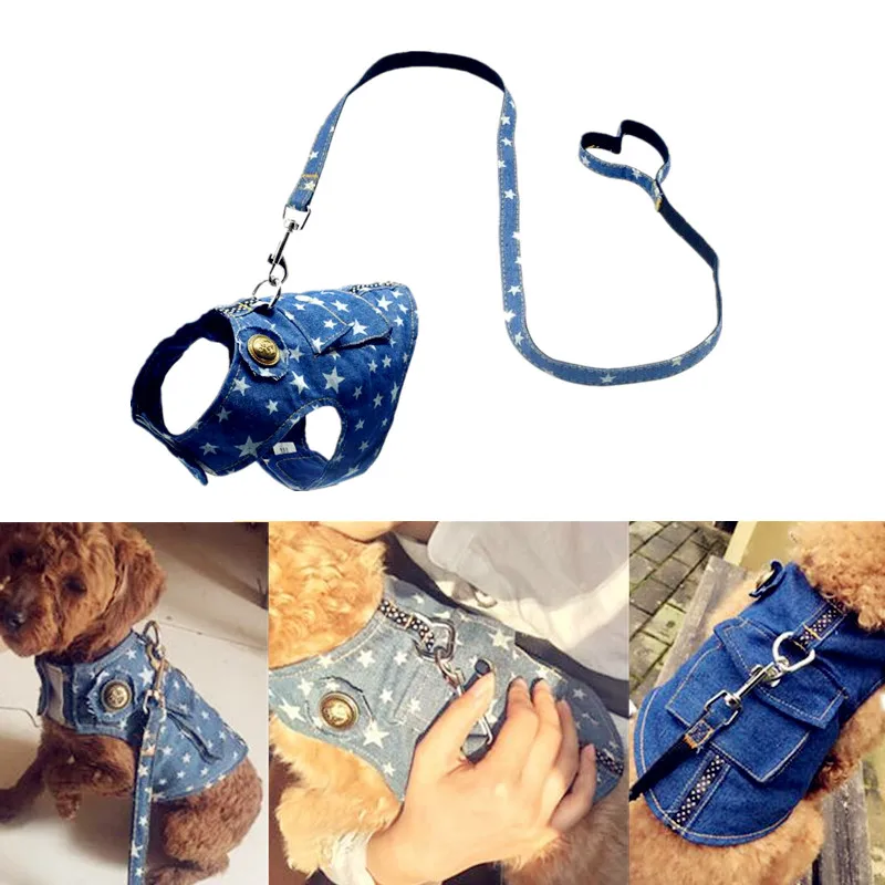 

1Set Jean Vest Type Dog Harness Puppy Pet Chest Strap Harnesses for Small Dogs Collar & Leash Rope Belt Teddy Supplies 3 Colors